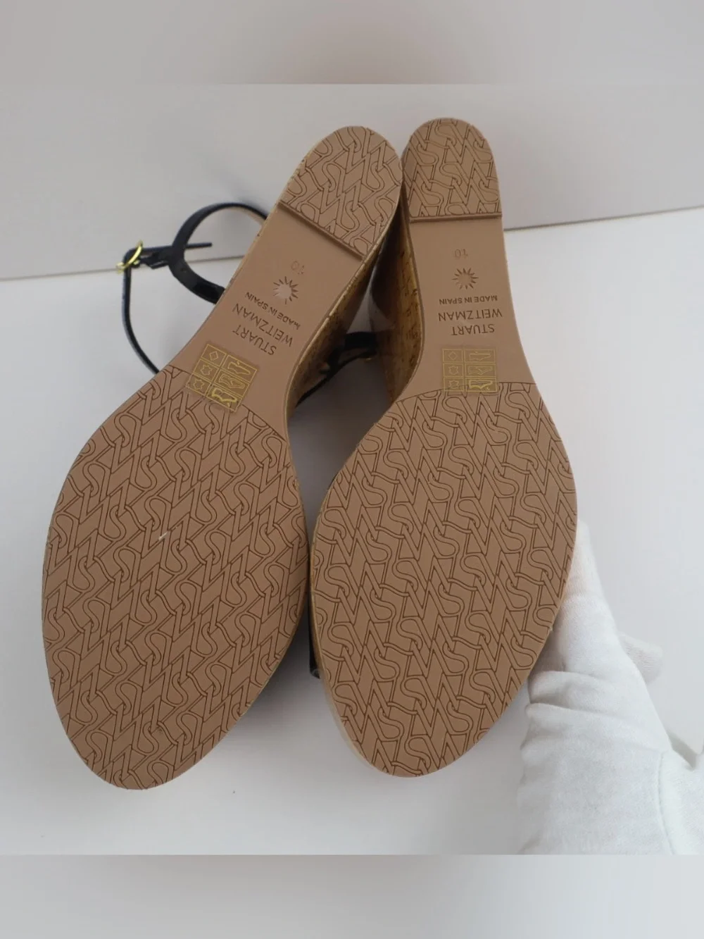 Stuart Weitzman Palmina Black Patent Leather Cork Wedge Sandal- 10- 0513